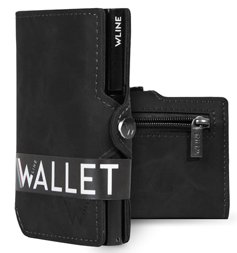 WLine Geldbörse für Herren und Banknotenhalter - Brieftasche mit RFID-Schloss aus PU-Leder, Schwarz Vintage, Con Zip, Modern