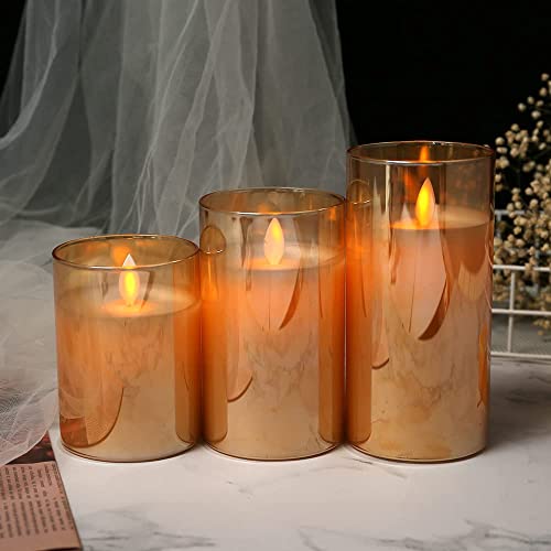 Image of Desidiya Flameless LED Candles Light with Remote Control and Timer - Golden Acrylic Fiber Glass, Battery Powered - Ideal for Home, Festival, and Wedding Decor - Set of 3