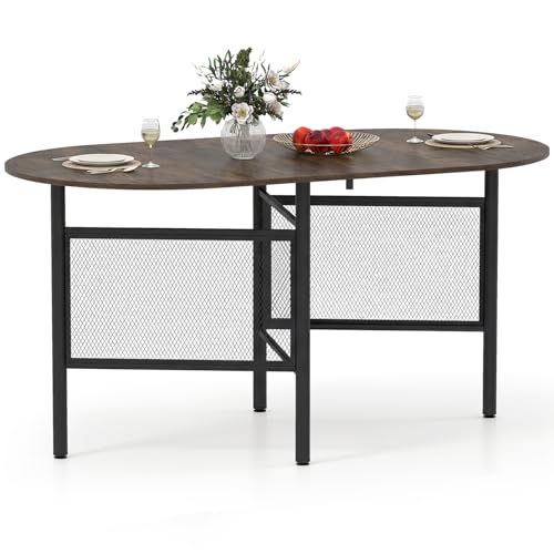 Giantex 150CM Folding Dining Table for 6-8 People, Drop Leaf Space Saving Oval Kitchen Table w/Metal Legs & Tabletop, Farmhouse Writing Console Table (Rustic Brown+Black)
