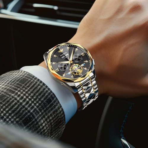 Image of OUPINKE Men's Watches Automatic Self-Winding Luxury Diamond Mirror Skeleton Mechanical Watch Date Dress Business Tungsten Steel Waterproof Luminous Wrist Watches for Men