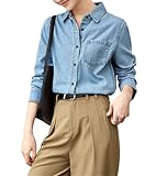 yeuyyben camicie da donna in denim di cotone casual alla moda a maniche lunghe dritte top camicia da donna, blu cielo, m