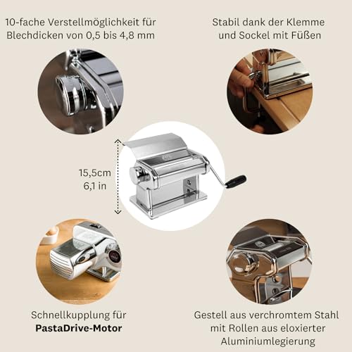 Foto von Marcato Nudelmaschine Atlas 180 Slide, Frische Nudelmaschine, Verchromter Stahl, Kompatibel mit 11 Extraformaten.