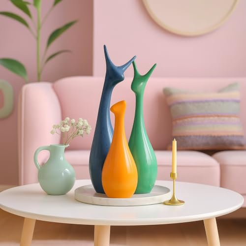 Image of Beautiful Home Decor Lucky Deer Statue Family Ceramic Statues - (Set of 3, Yellow Green & Blue)