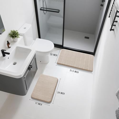 Image of Yimobra Memory Foam Bathroom Rugs Sets 2 Piece - Super Soft Absorbent Quick Dry Bath Mat Set, Machine Washable Non Slip Floor Carpet for Tub Shower & Single Sink (17x24 & 31.5x20 Inch, Beige)