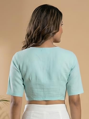 Image of Yash Gallery Women's Stretchable Rayon Lycra V-Neck Short Sleeve Front Open with Hook Stylish Crop Blouse Top for Ethnic Beige Designer Festive Choli Blouse