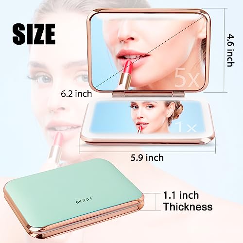 Omobolanle Makeup Mirror,5X Magnifying Mirror With Lights,Double Sided Handheld Mirror With Auto-Off Light,Rechargeable Portable Folding Travel Led Vanity Mirror,Gift For Mother Green #TOP1