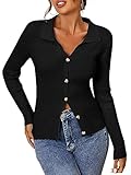 ZAFUL Fall Cardigans for Women 2024 Long Sleeve Polo Sweater V Neck Button Down Ribbed Knit Cardigan Top (Black, L)