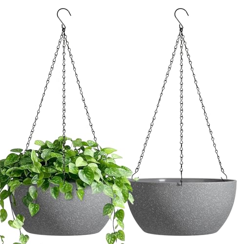 T4U Hanging Planters for Indoor Outdoor Plants 2 Pack - 12 Inch Grey Hanging Plant Basket with Drainage Hole Round Hanging Flower Plant Pot for Garden Home Decor(Grey)