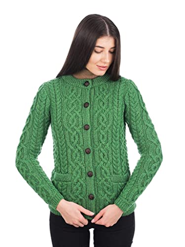 Image of SAOL 100% Merino Wool Ladies Irish Buttons Knit Cardigan Lumber Jacket with Pockets