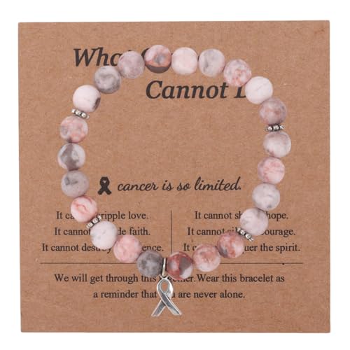 Breast Awareness Bracelets, Natural Stone Inspirational Ribbon Beaded Bracelet with Motivational Card Care Encouragement Gift for Women Friends Family Loved Ones