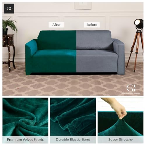 Image of Gifts Island Premium Velvet Sofa Cover 3 Seater and 2 Seater Fully Covered Universal 5 Seater Sofa Cover Non-Slip Sticky Elastic Stretchable Slipcover (Velvet Green)