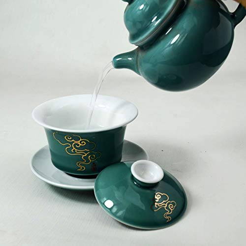 Porcelain Gaiwan 5oz /150ml Teacup White Glazed Classical Chinese Auspicious Clouds Tea Cup Tureen Sancai Cover Bowl Lid Cup Saucer Set (Green) - Thumbnail 5