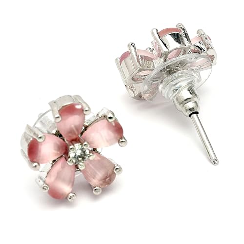 Image of ZENEME Rhodium Plated Silver Toned American Diamond Studded Floral Shaped Pendant Chain With Earrings Jewellery Set For Women And Girls