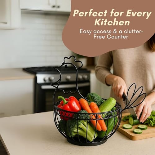 Image of Metal Egg Basket Hen Shape | Egg Basket for Kitchen | Metal Basket for Storage | Multipurpose Basket for Kitchen | Fruit Basket for Dining Table | Basket for Gifting (Black)