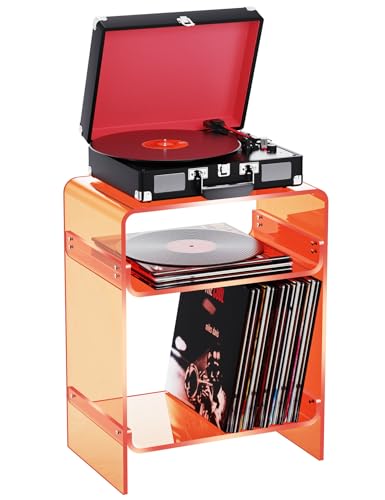Acrylic Record Player Table with Storage Shelf, Clear Side Table Nightstand (Orange)