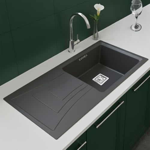 Image of EVANEX Quartz Sink for Kitchen|36x18x9 inch Kitchen Sink with Drain Board|Granite Sink for Kitchen Basin|Grey Quartz Kitchen Sink with Connector, Waste Pipe, Coupling and Drain Basket