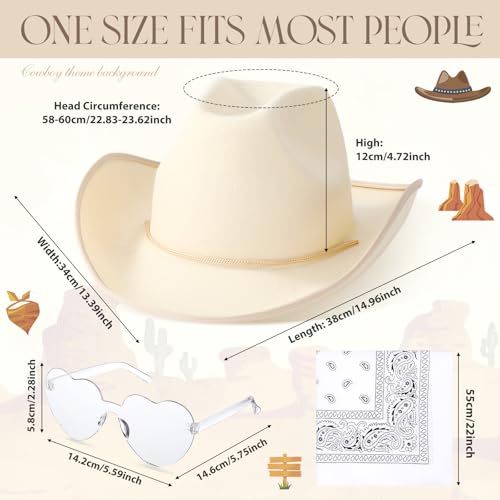 Image of Coume 6 Sets Cowboy Hat with Heart Sunglasses and Paisley Bandanas Western Cowgirl Hat for Cosplay Costume Adults(Beige, White)
