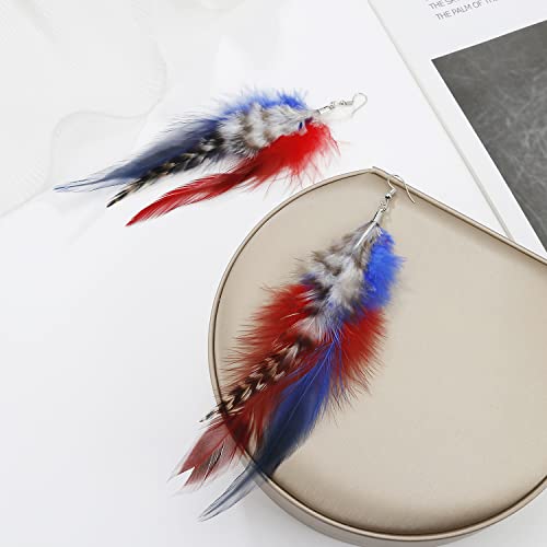 Yinris Long Bohemian Pheasant Feathers Statement Earrings Handmade Natural Lightweight Feather Dangle Earrings For Women And Girls (Ea000067) (Red&Blue A) #TOP2