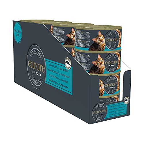 Encore 100% natürliches Premium Nassfutter für Katzen, Thunfischfilet mit Meerbrasse in Brühe für erwachsene Katzen- Packung mit 16 x 70g Dosen