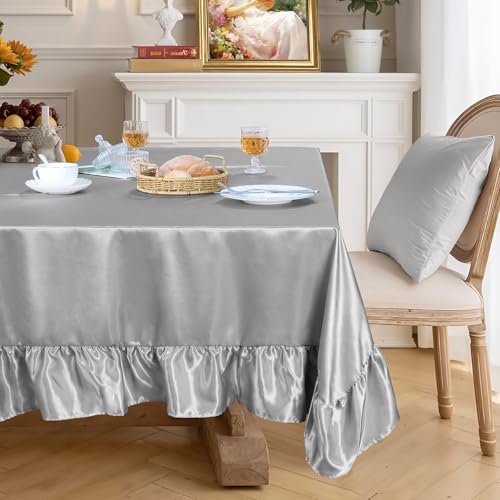 Ersmak Satin Ruffle Edge Tablecloth - Light Grey Satin Table Cover 60 x 120 Inch Rectangle Bright Silk Table Cloth for Weddings, Banquets, or Home Dining