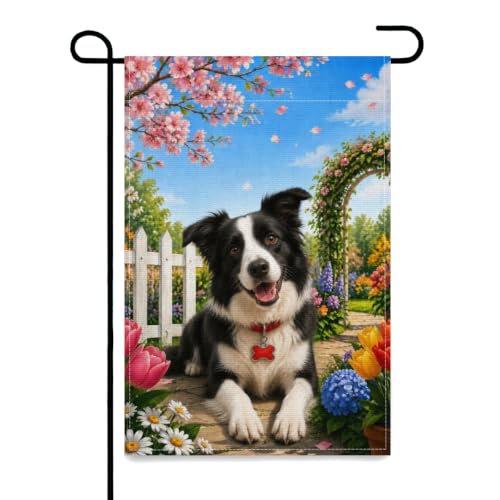 QOYVYIX Farmhouse Spring Summer Garden Flag Border Collie with Flower Double Sided Outside Yard Decoration Small Yard Flag 12x18 Inch
