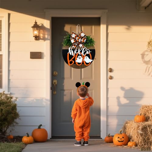 Image of Halloween Wreaths for Front Door Cute Ghost Hanger Sign Decorations Wreath (Hello Boo)