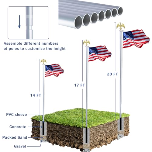 NQ 20FT Flag Pole in Ground for Outside House,14 Gauge Aluminum Flag Pole Kit with Eagle Topper and Flagpole Collar Base, Sectional Flagpole Outdoor with US Flag(Silver) by NQ - Image 3