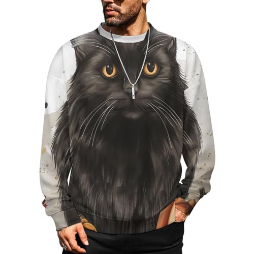 Fall Tuxedo Cat Crewneck Sweater Men Funny Crew Neck Sweater Long Sleeve Casual Lightweight Pullover