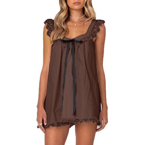 Image of Women Y2K Babydoll Mini Dress Cute Bow Lace Trim Pleated Ruffle Short Sundress Casual Party Vacation One Pieces