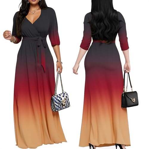 Image of Women's Church Maxi Wrap V Neck 3 /4 Sleeve Tie Waist Plus Size Long Dress | Flattering wrap V-neck design enhances curves. High elastic tie waist accentuates the slimmest part, hides tummy.
