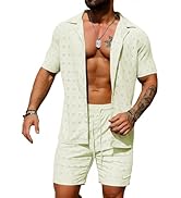URRU Men's 2 Pieces Outfits Summer Beach Set See Through Sheer Short Sleeve Flower Lace Shirts an...
