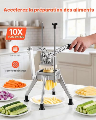 VEVOR Coupe Frites Manuel Professionnel, Coupe Légumes en Bâtonnets Multifonction, pour Pomme de Terre Cuisine Restaurant, 4 Couteaux de Rechange 13 mm / 9 mm / 6 mm et Vide-pomme 6 Quartiers en Inox – vue 2