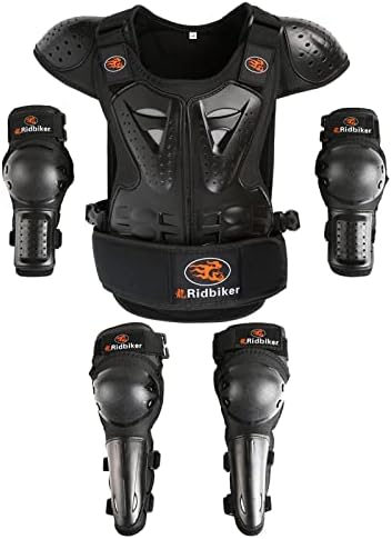 Kids Dirt Bike Gear Chest Protector Motocross Gear Motorcycle Armor Vest Elbow Guard Knee Shin Guard Pads Youth Motorcycle Protective Gear (Black, L:(Height:51.18"-57.08"))