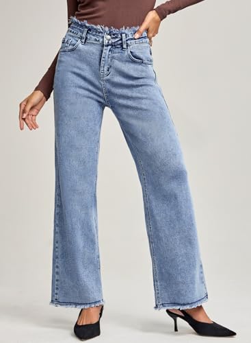 Astylish Womens High Waisted Raw Hem Jeans Stretchy Wide Leg Frayed Straight Denim Pants3