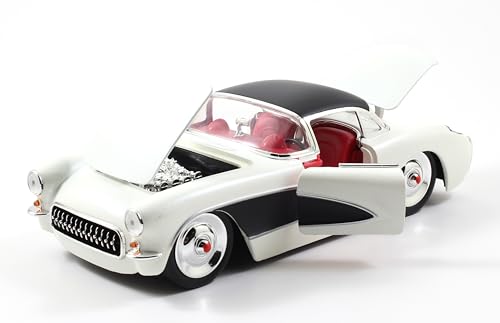 Jada Toys Bigtime Muscle 1:24 1957 Chevy Corvette Die-cast Car – Opening Doors, Hood, Trunk, Rubber Tires(White/Black) by Jada - Image 3