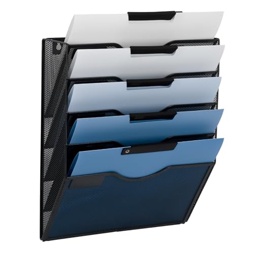 EASEPRES 5 Pocket Mesh Hanging Wall File Organizer, Wall Mounted Mail Paper Document Folder Holder, Clipboard Storage Organization Magazine Rack with Nametag Label for Office Home School, Black