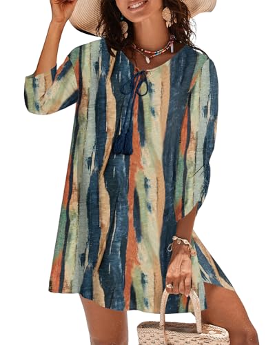 Image of Zeagoo Womens Boho Dresses Casual Beach Summer Dress Tassel Tie Neck 3 /4 Long Sleeve Mini Sundress 2026 Floral Print Cover Up