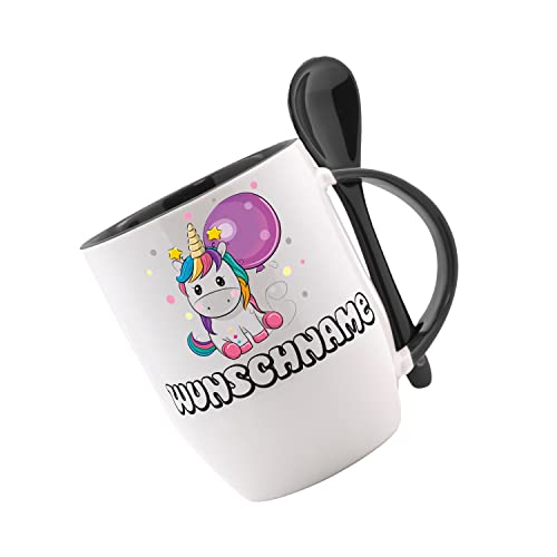 Crealuxe Tasse m. Löffel Einhorn Wunschname Löffeltasse, Kaffeetasse m. Motiv,Bürotasse, Bedruckte Tasse mit Sprüchen oder Bildern -