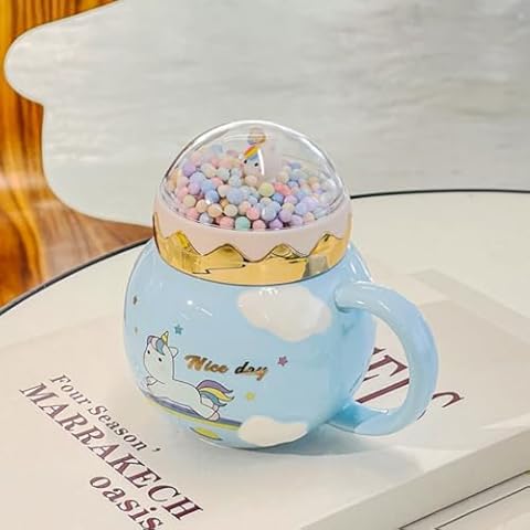 Shyneer Unicorn Mug Cute Ceramic Coffee Mug with lid Colorful Ceramic Unicorn Coffee Mug with Lovely Landscape lid for Women Girls Kids Christmas Birthday Valentines Gift (Blue) Cover