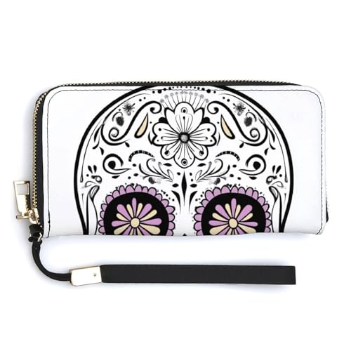 Skull in Black And White Simple PU Leather Clutch Long Bifold Wallet, Coin Purse Credit Pass Case, Durable Card-Holder Money Storage for Women Men