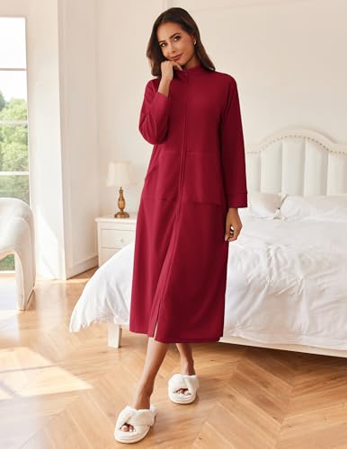 Image of Ekouaer Women Zipper Robe Long Sleeves House Coat Soft Bathrobe Sleepwear with Pockets Housecoat Loungewear