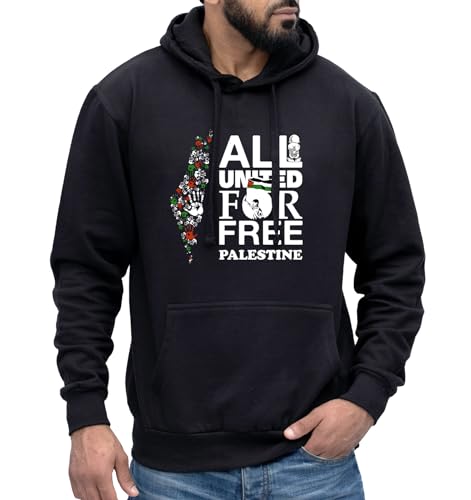 Image of All United for Free Palestine Print Hoodie - Black - Mens - M - Peaceful Quotation Jumper for Men and Women - Unisex Printed Graphic Upper with Humanitarian Print