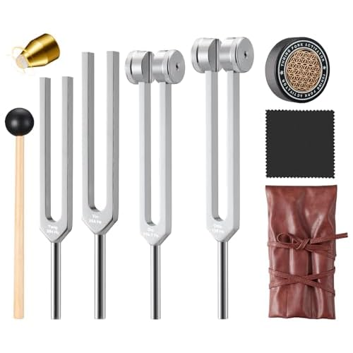 Sound Healing Tuning Fork Set – Tuning Forks for Chakra Alignment & Stress Relief – Otto 128Hz, Earth Om 136Hz, Yin 256Hz, Yang 384Hz, Activator & Pouch – Ideal for Meditation & Home Therapy