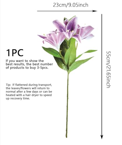 Image of VRB Dec 1 Pcs (3 Head) Lily Artificial Flowers Bunch Foam Flowers Sticks,Lily Artificial Flowers for Home Decor,Bedroom, Living Room, Table, Balcony, Office, Wedding, Pooja (Purple Color)