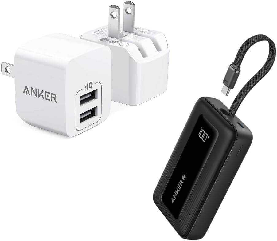 Anker 2-Pack Dual Port 12W Wall Charger Adapter with Anker Zolo Power Bank, 10,000mAh 30W High-Speed Portable Charger