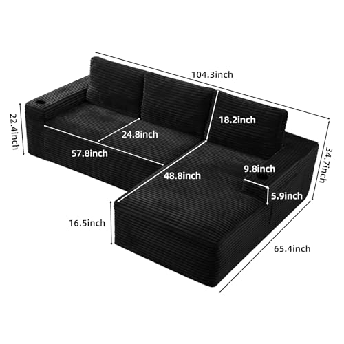 Image of 104 inch L Shaped Boneless Sectional Couches for Living Room, Comfy Corduroy Floor Cloud Sofa with Chaise and Cup Holder, Wide Armrest, Deep Seat, Assembly Free, Ideal for Small Spaces, Black