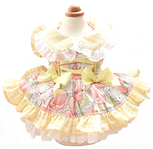 MaruPet Sweety Plaids Printed Maid Dress Cotton Tutu Doll Collar for Small, Extra Small Dog Teddy, Pug, Chihuahua, Shih Tzu, Yorkshire Terriers Yellow L