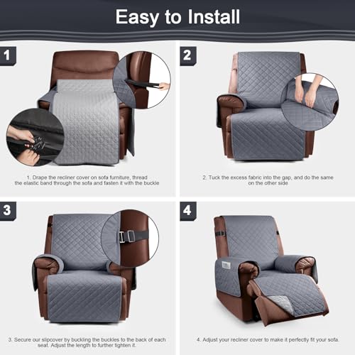 Image of KinCam 100% Waterproof Oversize Recliner Chair Cover, Reclining Couch Covers for Pets, Dogs, Recliner Couch Slipcover Furniture Protector with Elastic Straps for Kids, Dark Gray