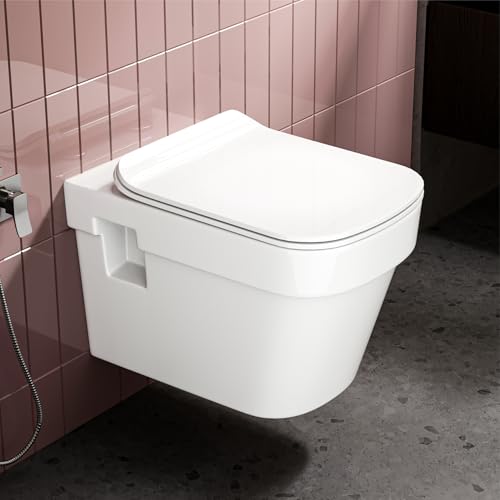 Image of LAPO P Trap Wall Hung Toilete, Ceramic Rimless Commode Toilet, Wall Hung Western Toilet With Soft Closing Toilete Seat (White, 19X14X14 Inch)-JHN