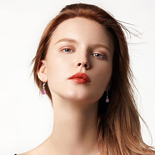 925 Sterling Silver Leverback Earrings - Guesma 10X7Mm Dangle Earrings For Women Pink Tourmaline Teardrop Created Birthstone Crystal - Wedding Earrings Jewelry #TOP3